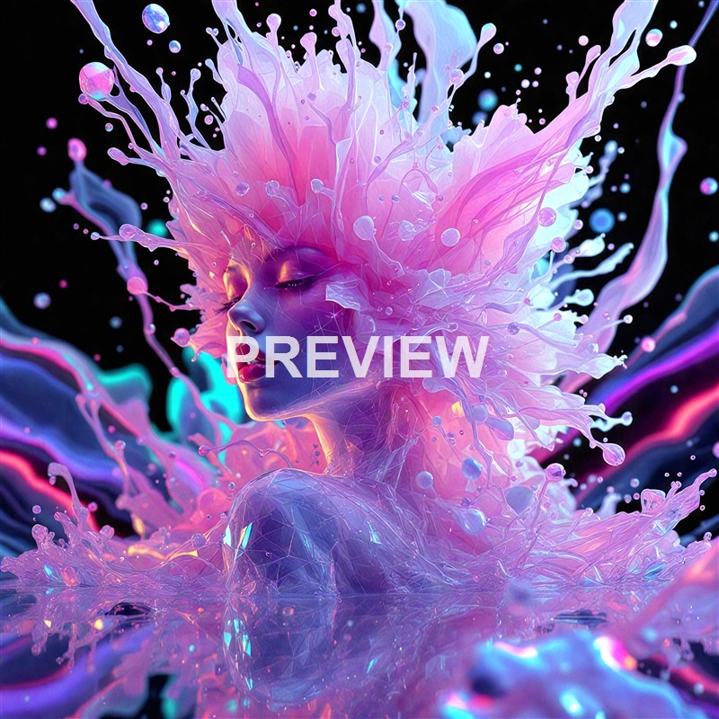 A surreal, futuristic digital artwork of a woman with closed eyes, surrounded by vibrant, flowing, and translucent splashes of pink, purple, and blue, resembling liquid or paint in motion.